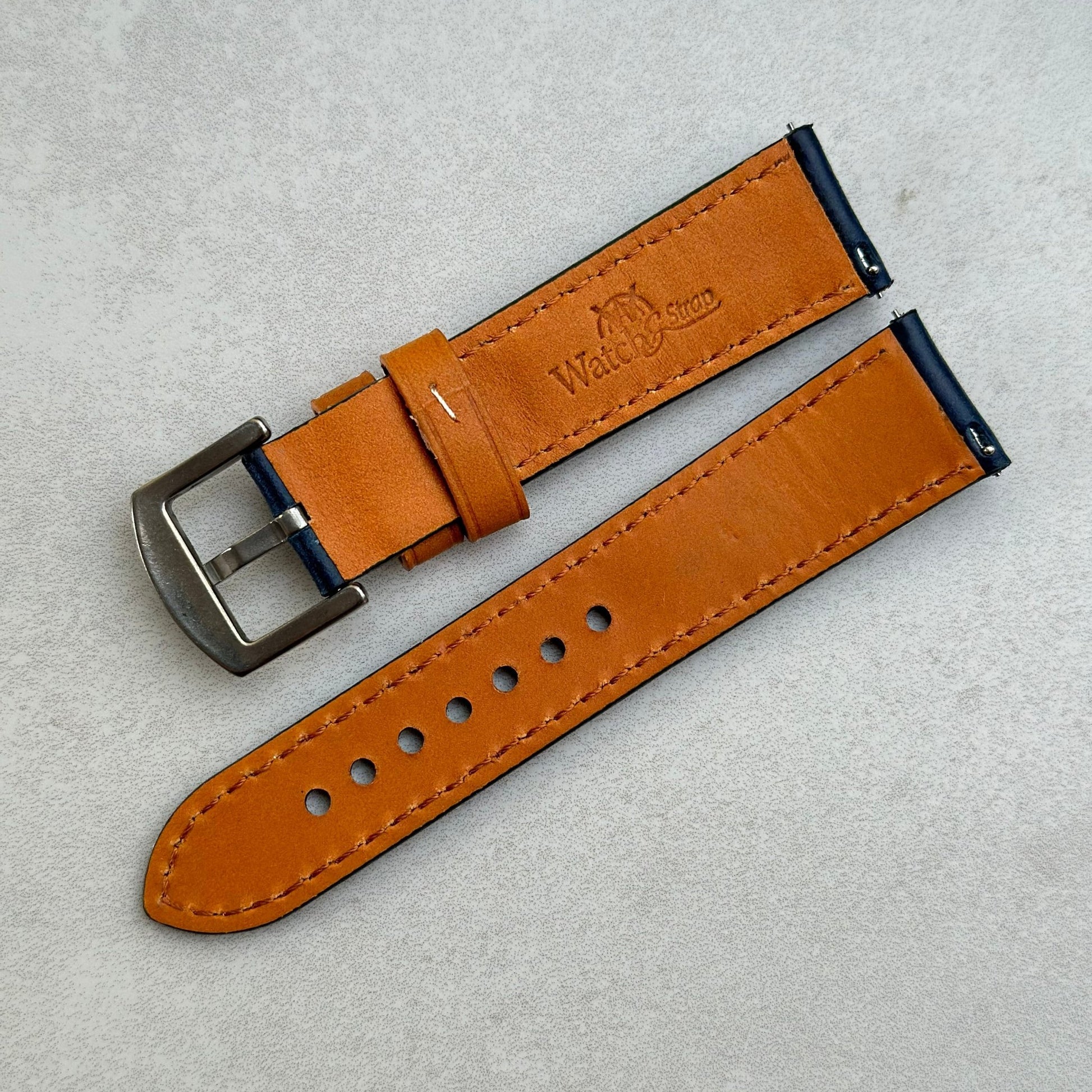 Rear of the Oxford blue full grain leather watch strap. Quick release pins. Watch And Strap