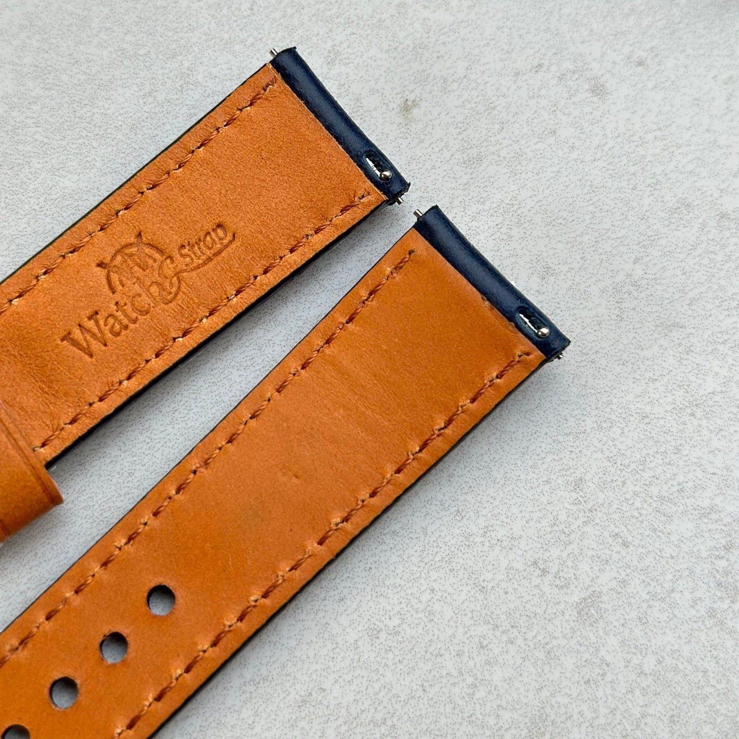 Quick release pins on the Oxford blue full grain leather watch strap. Watch And Strap