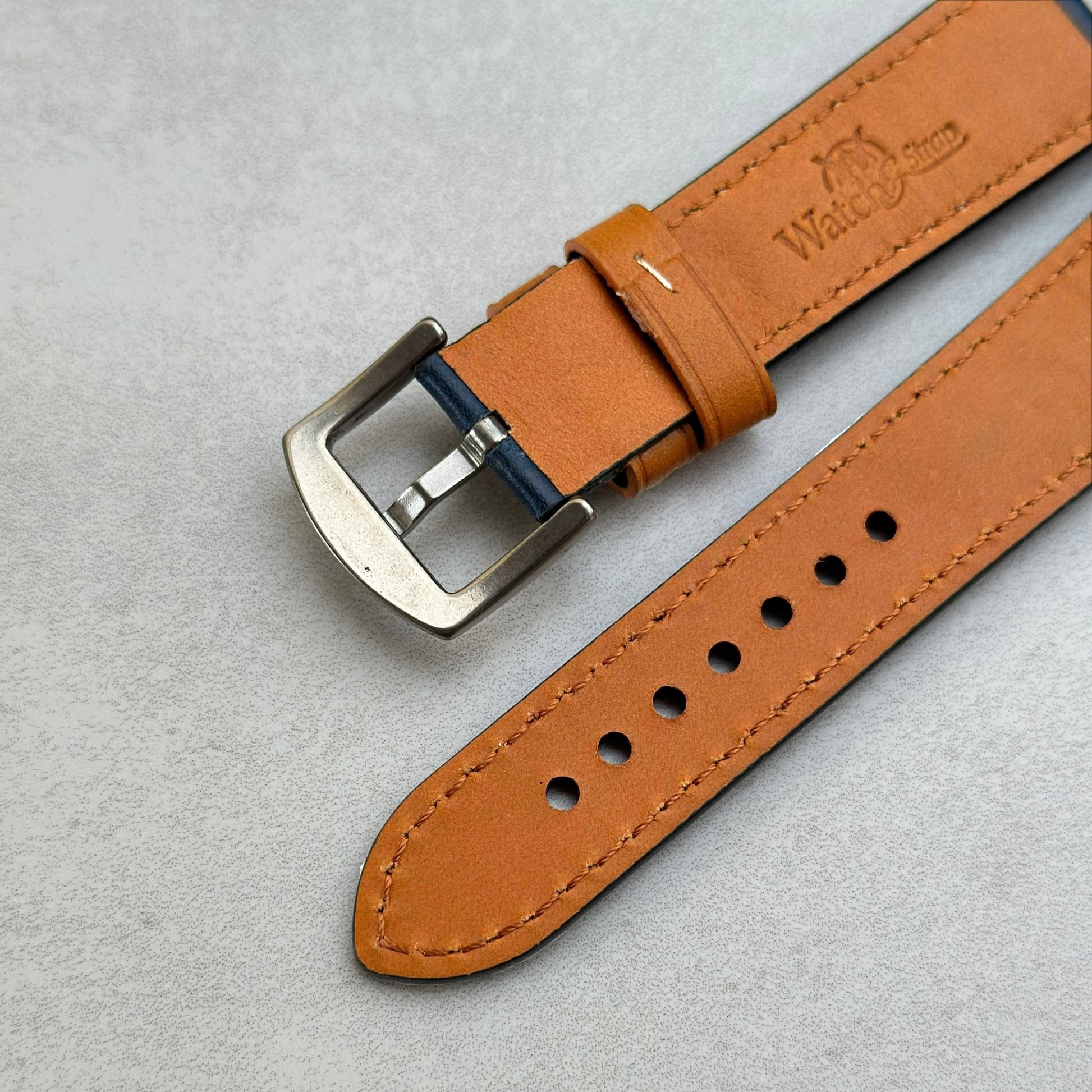 Underside buckle of the Oxford blue full grain leather watch strap. Watch And Strap