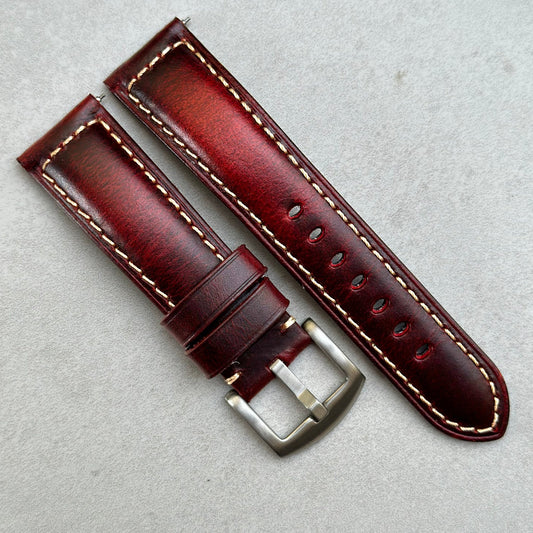 Berlin burgundy full grain leather watch strap. Red leather with ivory stitching. 18mm, 20mm, 22mm, 24mm. Watch And Strap.