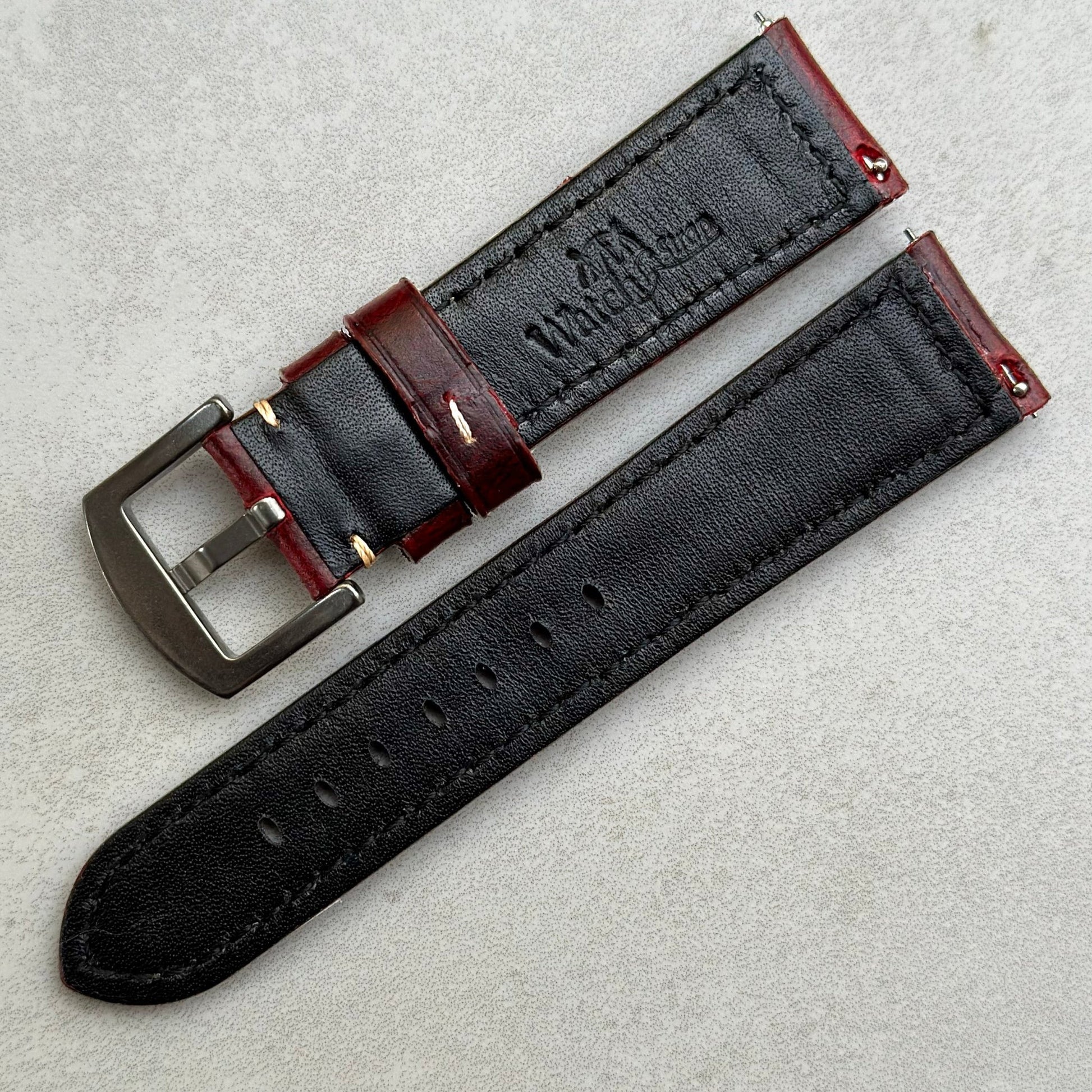 Berlin burgundy full grain leather watch strap. Watch And Strap logo. Quick release pins.