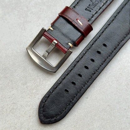 Underside buckle on the Berlin burgundy full grain leather watch strap. Watch And Strap