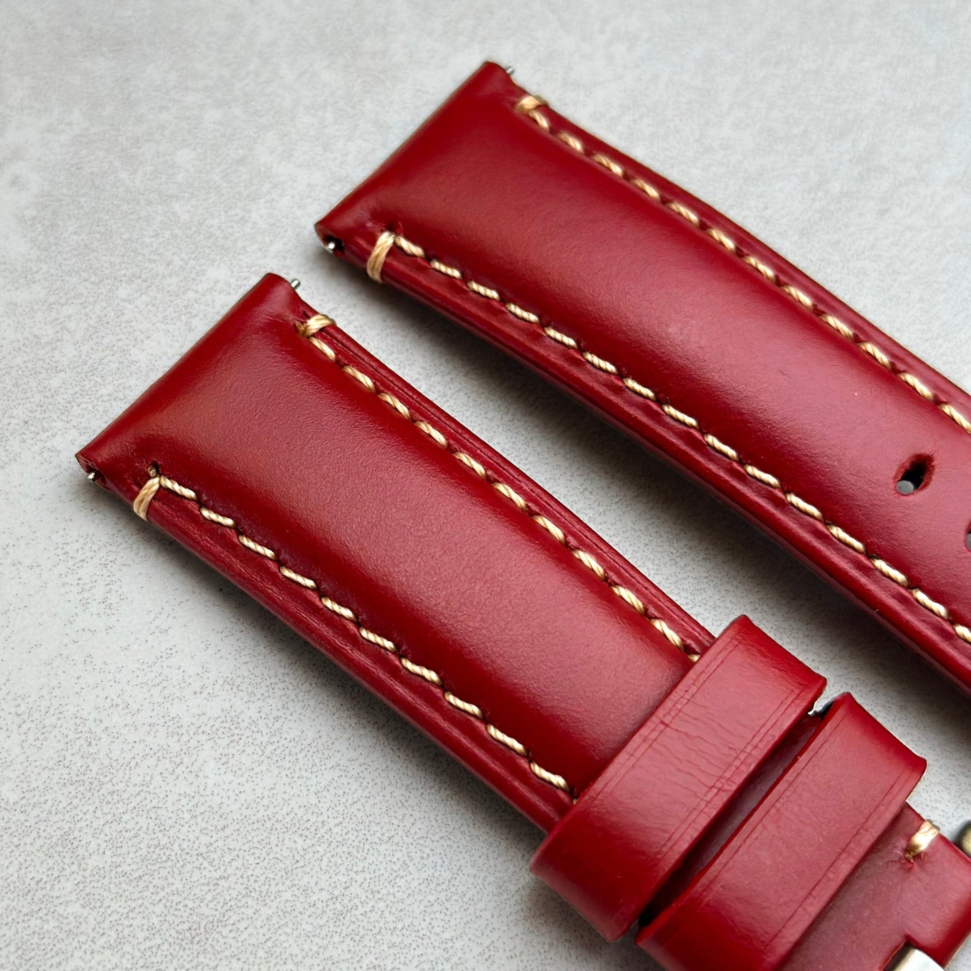 Oslo blood red full grain leather watch strap. Contrast ivory stitching. Padded leather strap.