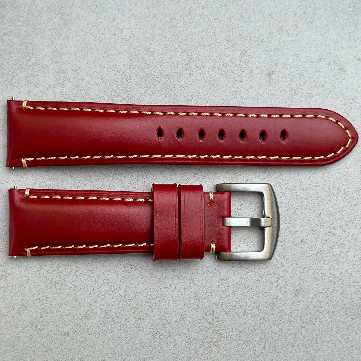 Birds eye view of the Oslo red full grain leather watch strap. 