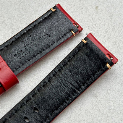 Quick release pins on the Oslo red full grain leather watch strap.