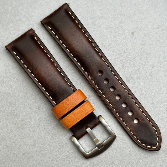 Oxford brown full grain leather watch strap. Contrast ivory stitching. 18mm, 20mm, 22mm, 24mm. Watch And Strap.