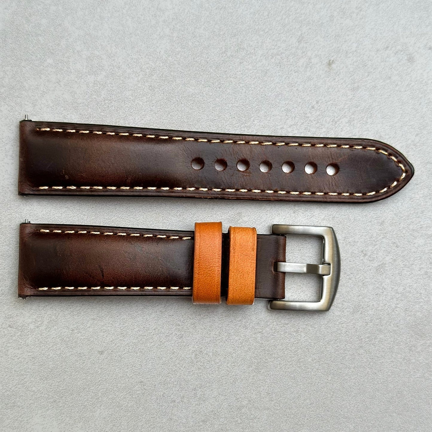Oxford chocolate brown full grain leather watch strap. Contrast tan loops. 18mm, 20mm, 22mm, 24mm. Watch And Strap.