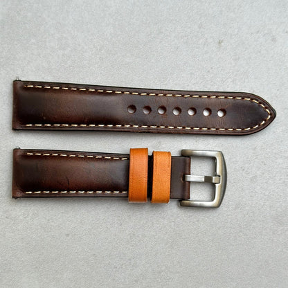 Oxford chocolate brown full grain leather watch strap. Contrast tan loops. 18mm, 20mm, 22mm, 24mm. Watch And Strap.