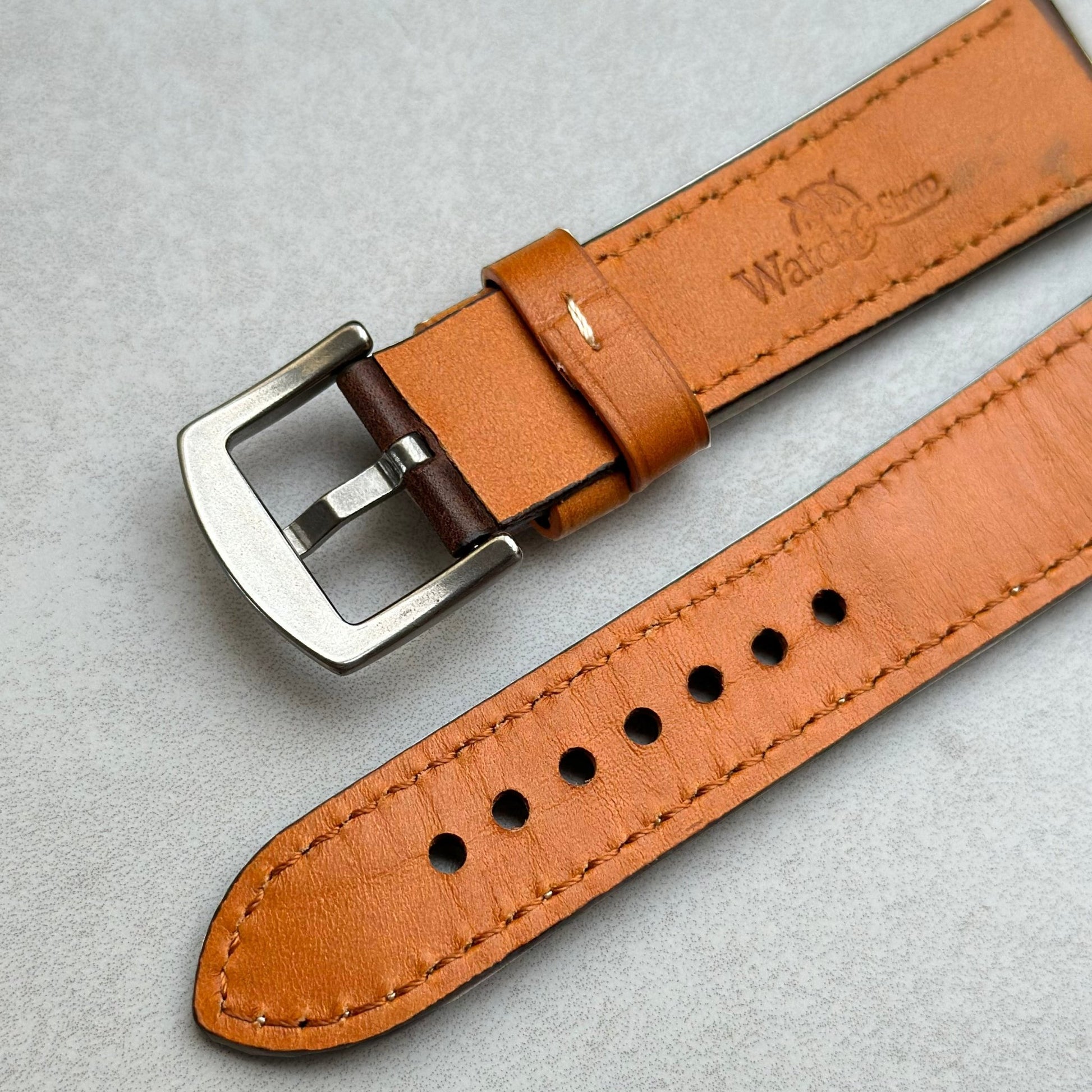 Underside of the buckle on the Oxford brown full grain leather watch strap. Watch And Strap.