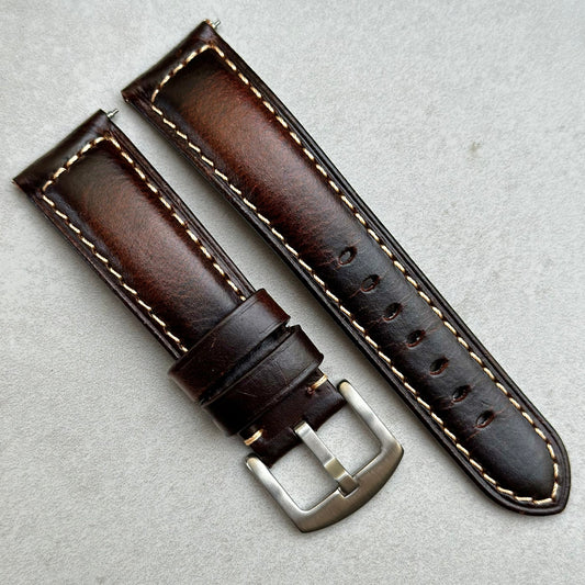 Berlin brown full grain leather watch strap. Dark brown leather with chocolate brown. Contrast ivory stitching.