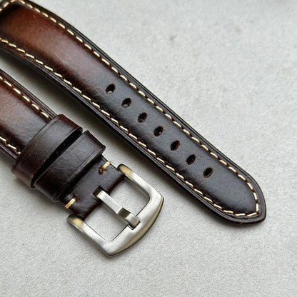 316L stainless steel buckle on the Berlin brown full grain leather Apple Watch strap.
