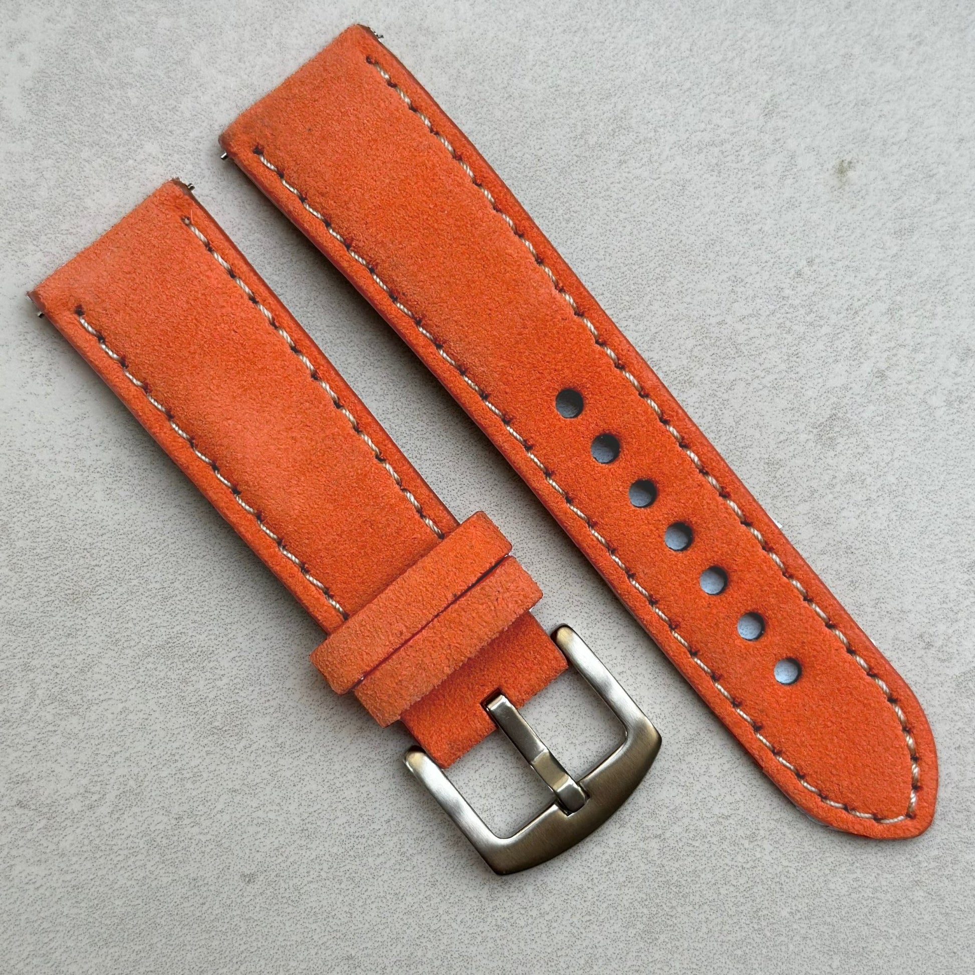 Paris orange suede watch strap. Ivory stitching. Padded suede watch strap. 18mm, 20mm, 22mm, 24mm. Watch And Strap.