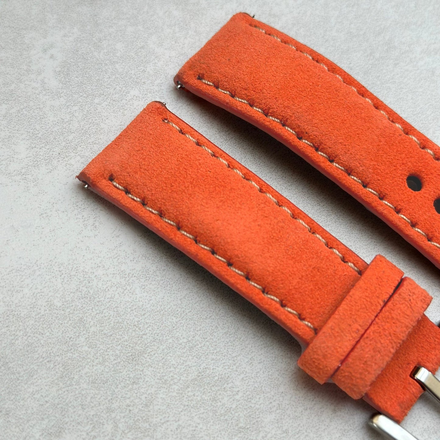 Top of the Paris orange suede watch strap. Padded watch strap. Ivory stitching. Watch And Strap.