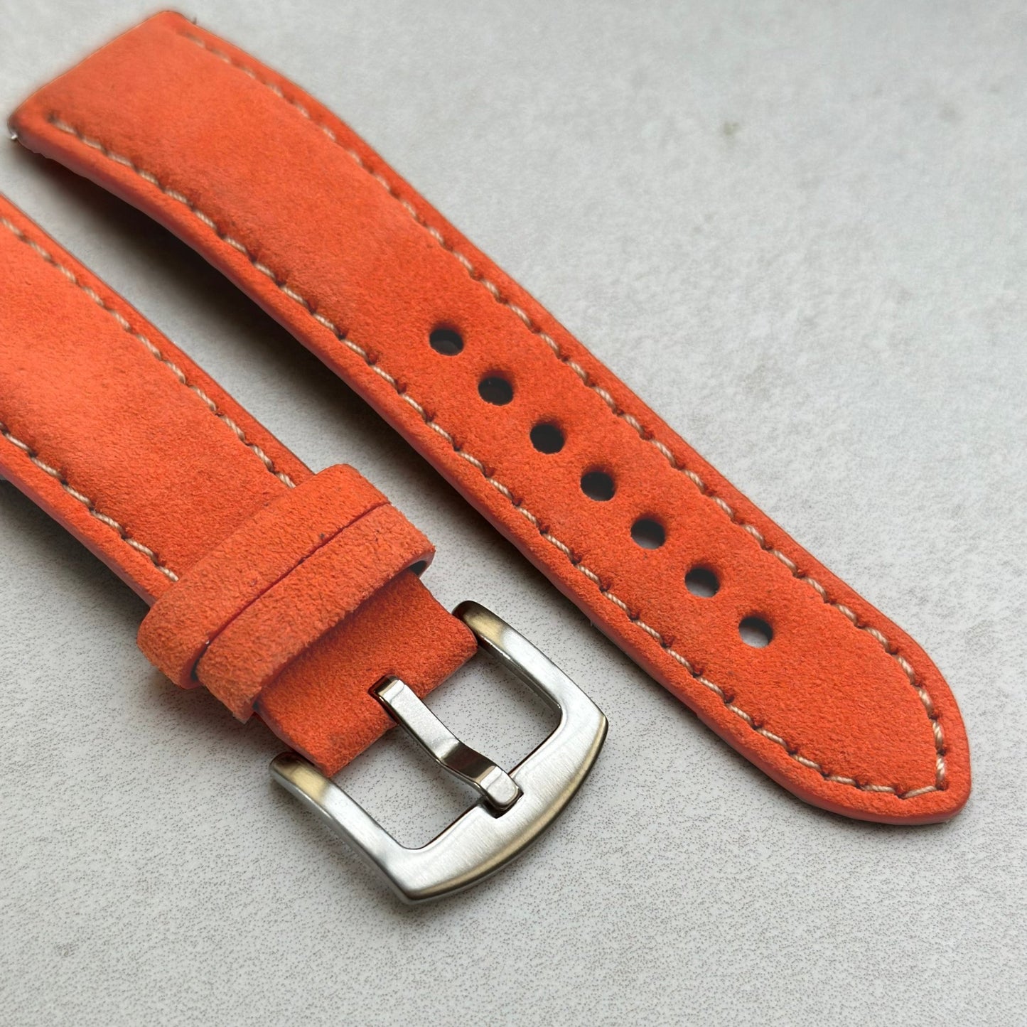 Brushed 316L stainless steel buckle on the Paris orange suede watch strap. Watch And Strap.