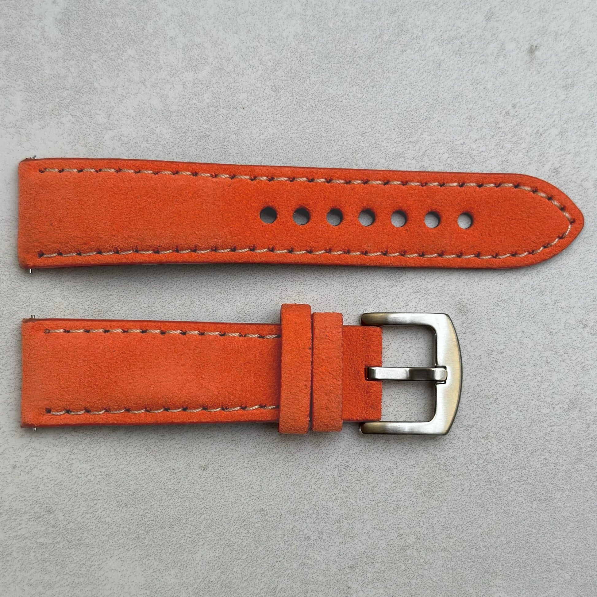 Paris orange suede watch strap. Ivory stitching. Padded suede watch strap. 18mm, 20mm, 22mm, 24mm. Watch And Strap.