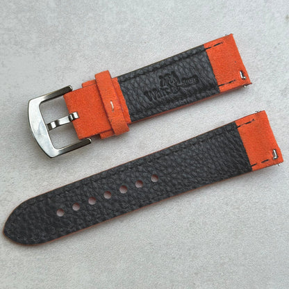 Rear of the Paris orange suede watch strap. Watch And Strap logo. Quick release pins making it easy to switch straps.
