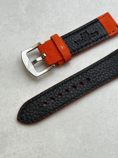 Underside buckle on the Paris orange suede watch strap. Black sweat resistant leather. Watch And Strap logo.