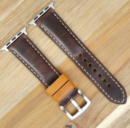 Oxford chocolate brown apple watch strap with tan loops. Apple watch series 3, 4, 5, 6, 7, 8, 9, ultra, SE. Watch And Strap