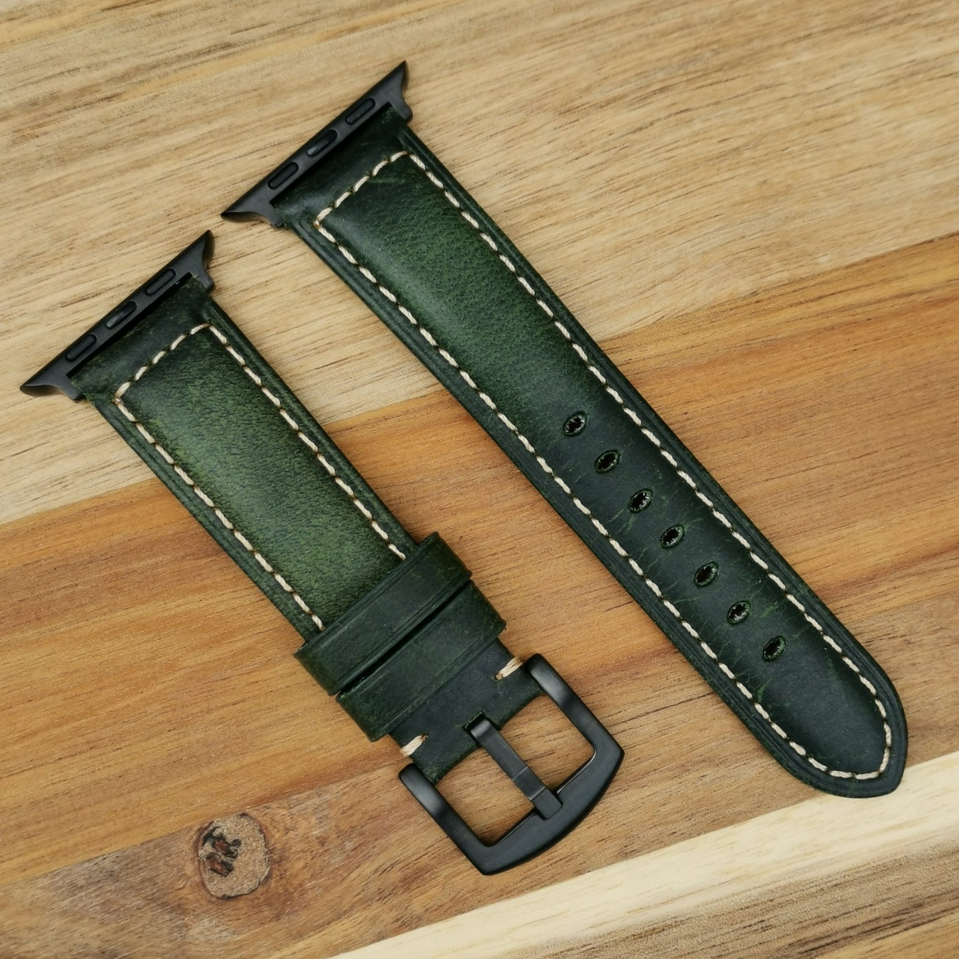 Berlin green apple watch strap with PVD black buckle and connectors. Apple Watch series 3, 4, 5, 6, 7, 8, 9, SE and Ultra.