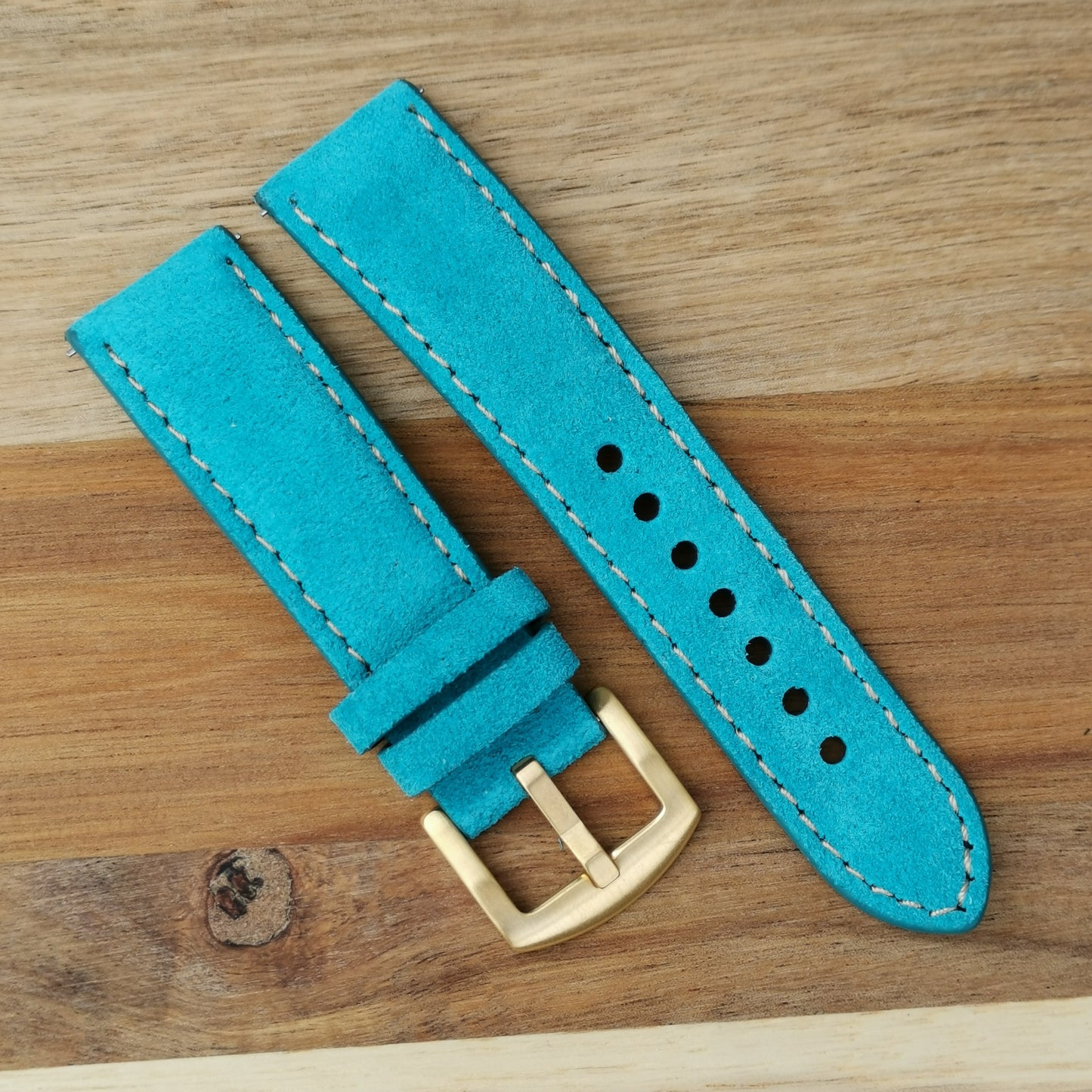 Paris turquoise suede watch strap with contrast ivory stitching. 18mm, 20mm, 22mm, 24mm. PVD gold buckle. Watch And Strap.