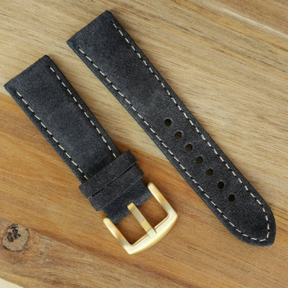 Paris gunmetal Grey suede watch strap. PVD gold stainless steel buckle. 18mm, 20mm, 22mm, 24mm. Watch And Strap.
