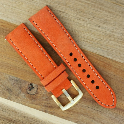 Paris orange suede watch strap. Ivory stitching. Padded suede watch strap. PVD gold. 18mm, 20mm, 22mm, 24mm. Watch And Strap.