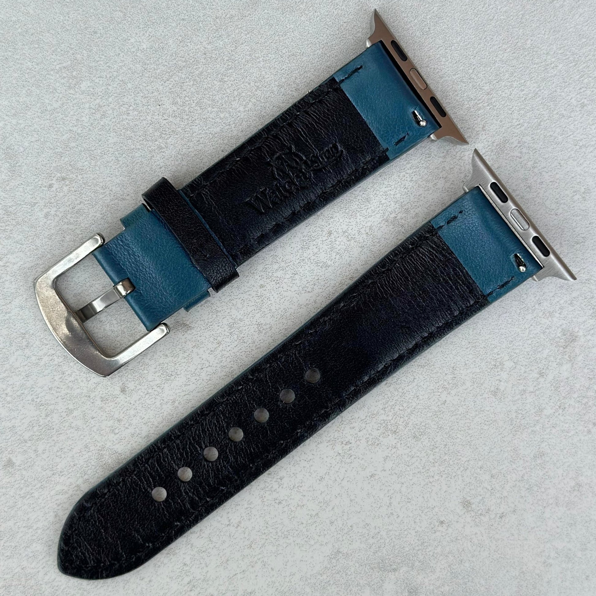 Rear of the Le Mans blue and black full grain leather apple watch strap. 