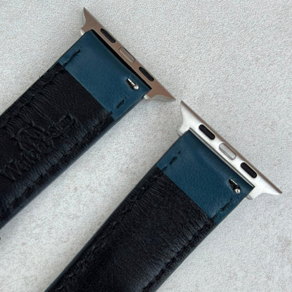 Rear top of the Le Mans petrol blue and black full grain leather apple watch strap. 