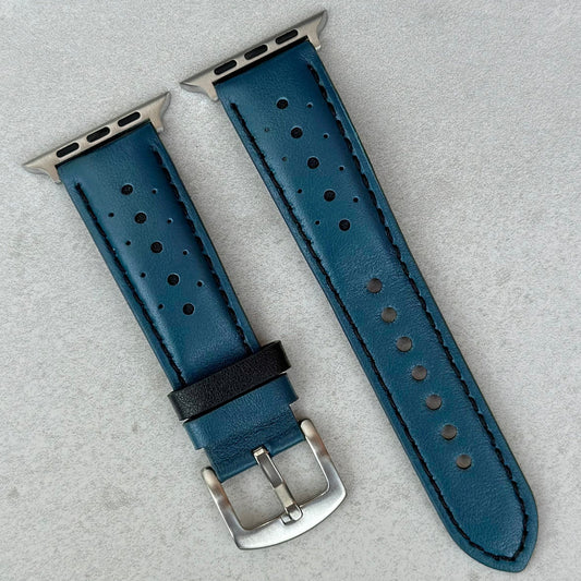 Le Mans petrol blue and black full grain leather apple watch strap. Apple Watch Series 3, 4, 5, 6, 7, 8, Series 9, SE, Ultra.