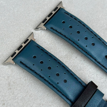 Top of the Le Mans blue and black racing watch strap. Padded leather apple watch strap.