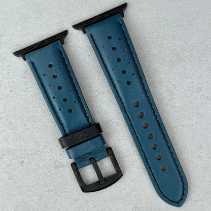 Le Mans petrol blue and black full grain leather apple watch strap. PVD black stainless steel hardware.