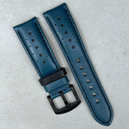 Le Mans petrol blue and black full grain leather racing watch strap. PVD black stainless steel buckle.