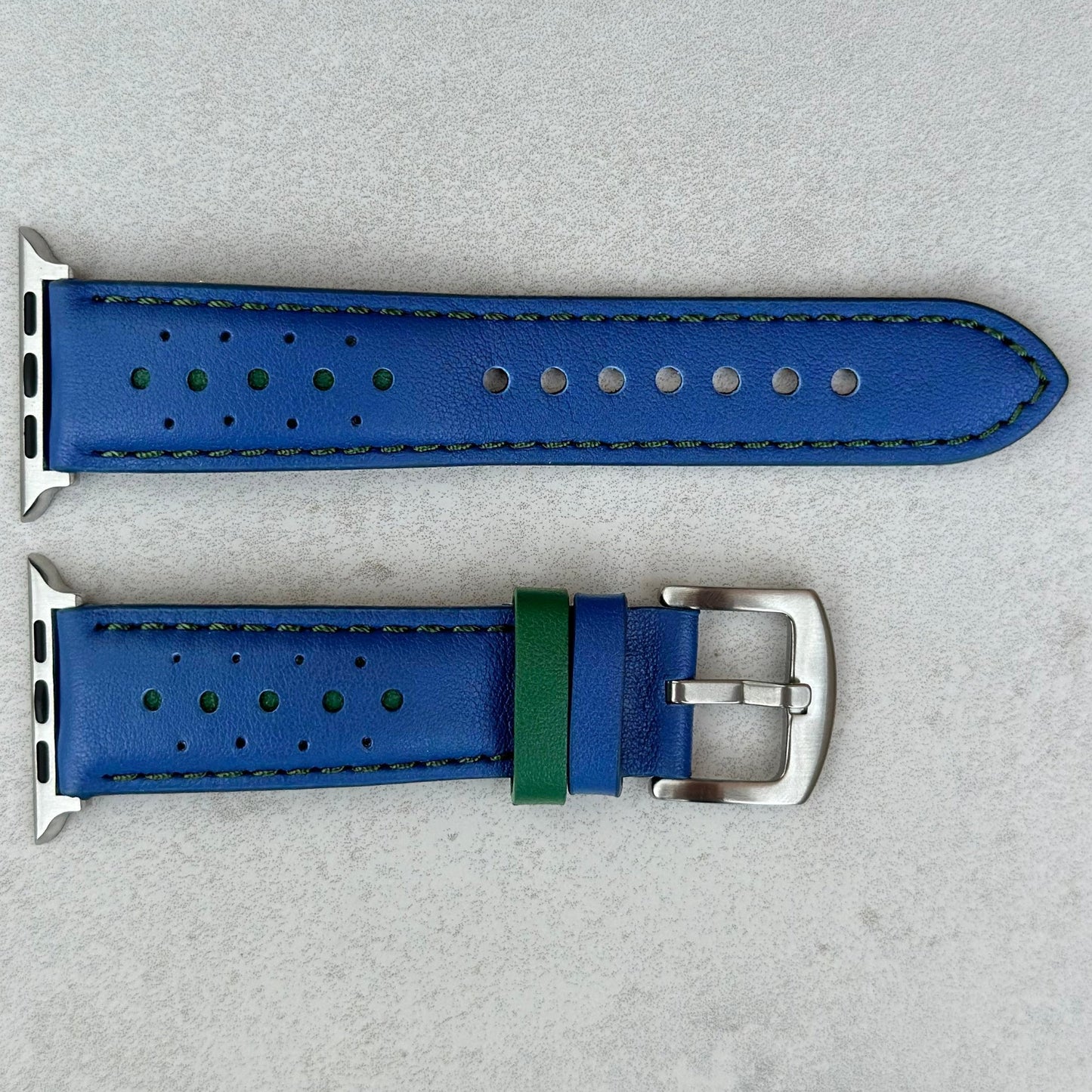 Birds eye view of the Le Mans Cobalt Blue and Green full grain leather apple watch strap.