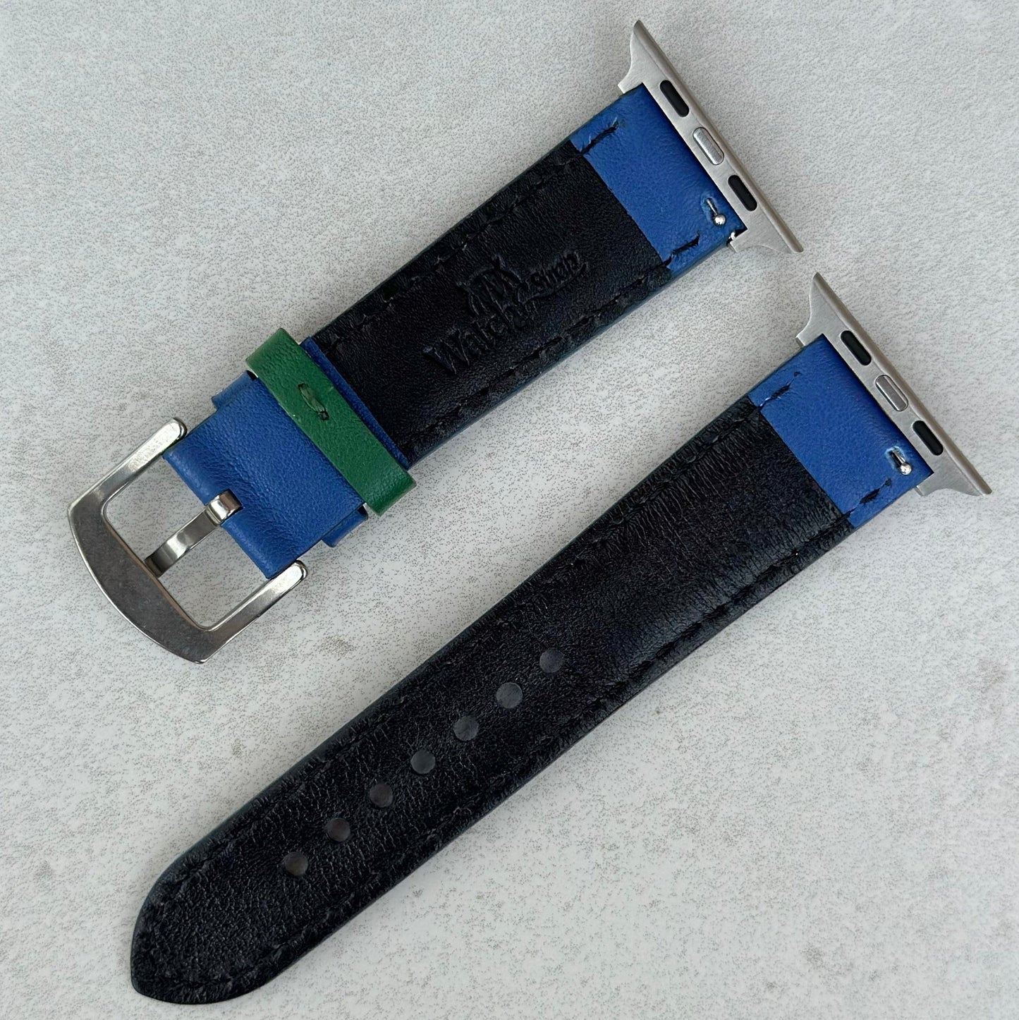 Rear of the Le Mans blue and green apple watch strap. Watch And Strap logo debossed into the rear of the strap.