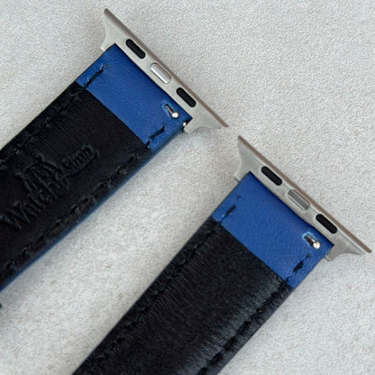 Rear apple watch connectors on the Le Mans Blue and green full grain leather apple watch strap.