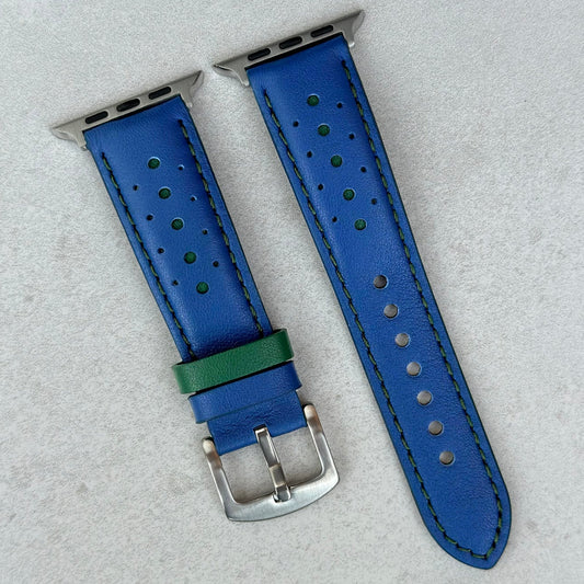 Cobalt Blue and Forest Green apple watch strap. Racing watch strap. For Apple Watch Series 3, 4, 5, 6, 7, 8, 9, SE, Ultra.