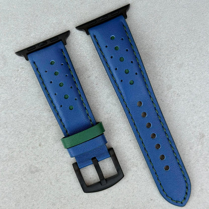 Le Mans Blue and green full grain leather apple watch strap. Black hardware.