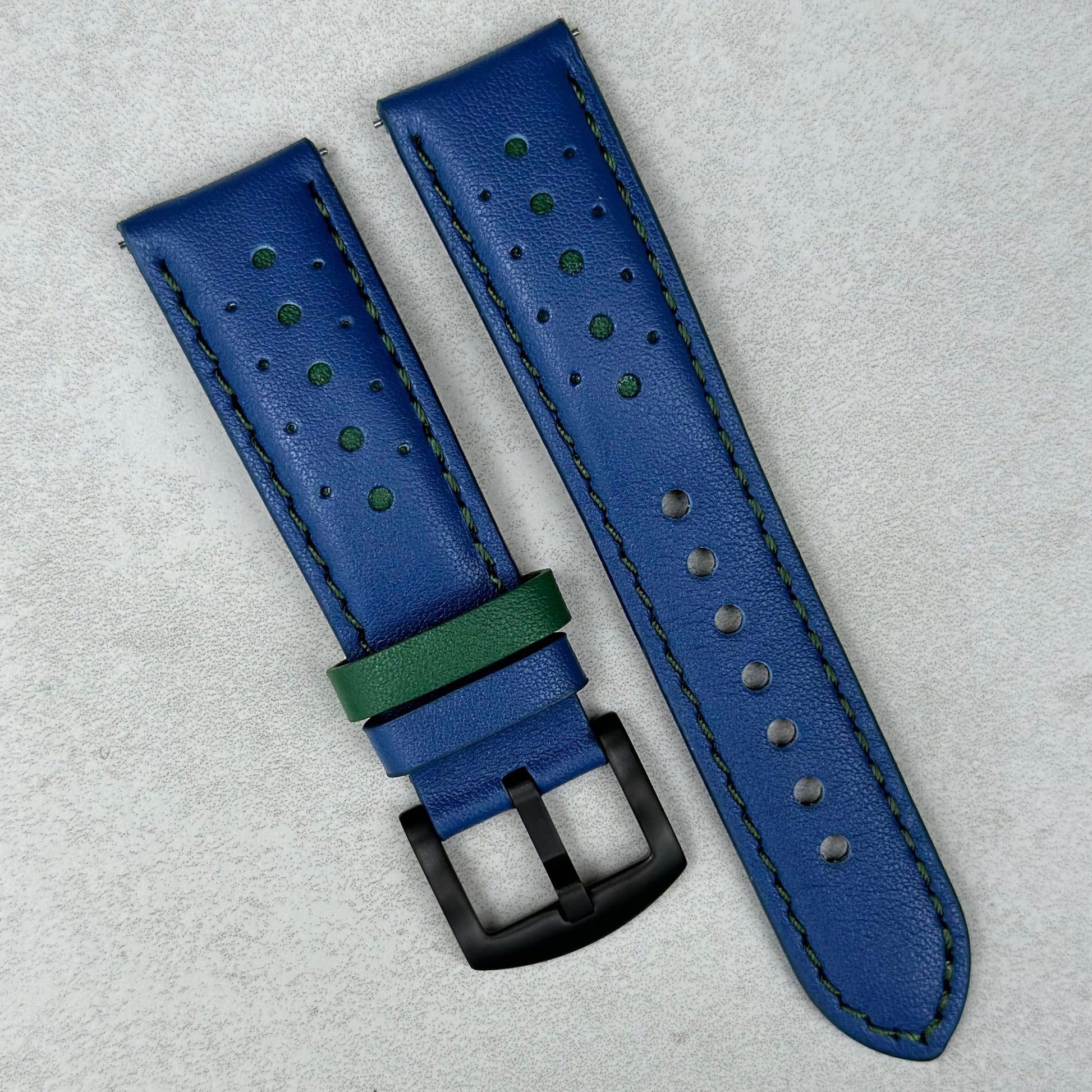 Le Mans blue and green full grain leather watch strap. PVD black brushed 316L stainless steel buckle.