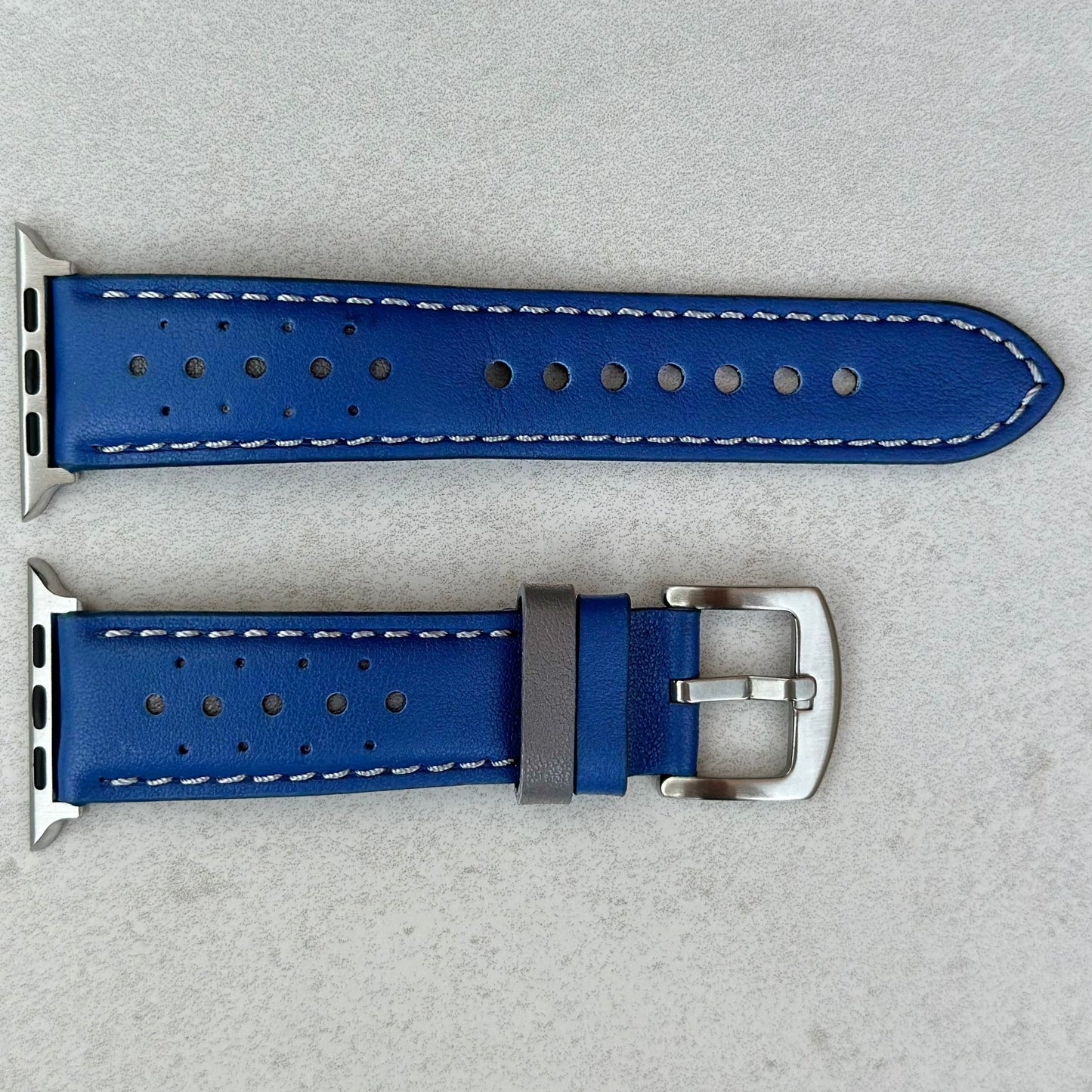 Le Mans cobalt blue and grey full grain leather apple watch strap. Padded watch strap.