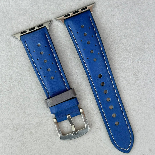 Le Mans cobalt blue and grey leather apple watch strap. Full grain leather, grey stitching, 316L stainless steel hardware.