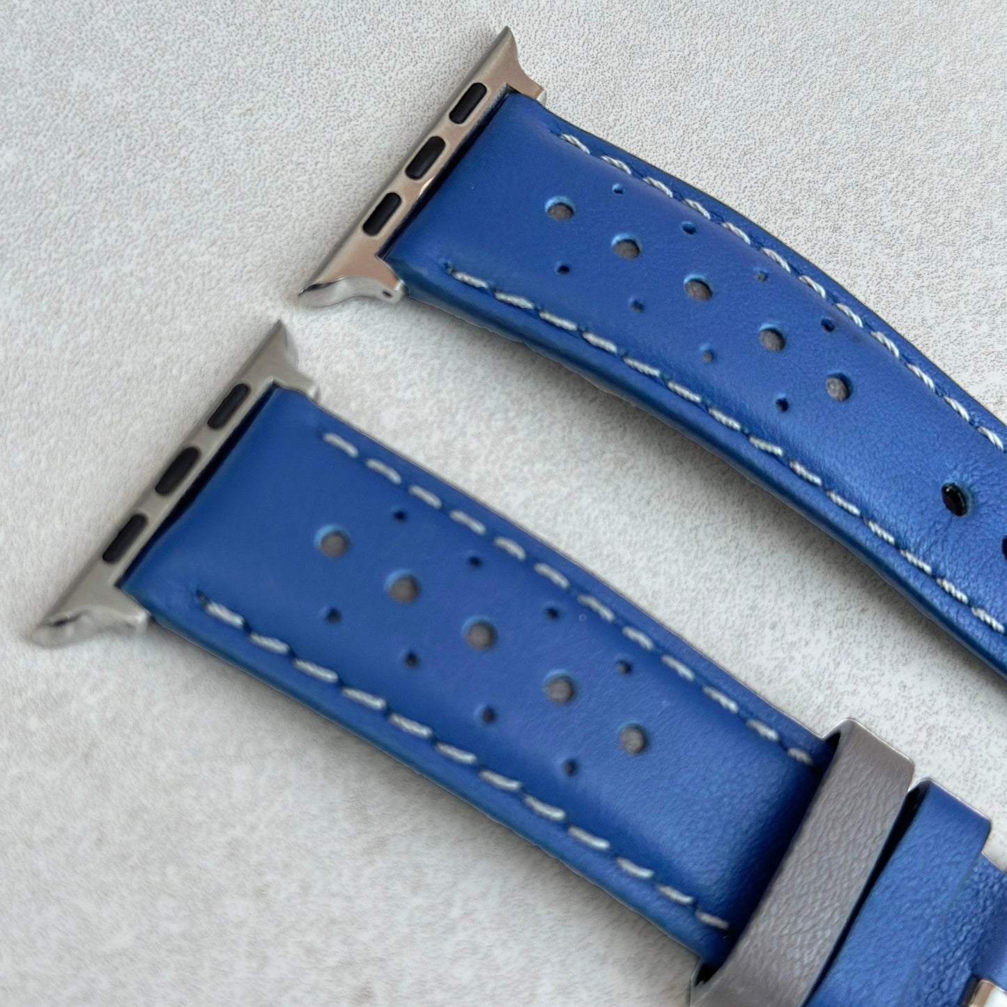 Top of the Le Mans Blue and grey apple watch strap. Padded apple watch strap, 316L stainless steel hardware.
