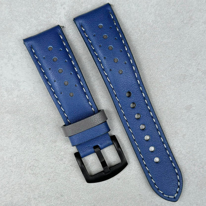 Le Mans blue and grey racing watch strap. Full grain cobalt blue and grey leather. Brushed PVD black stainless steel buckle.