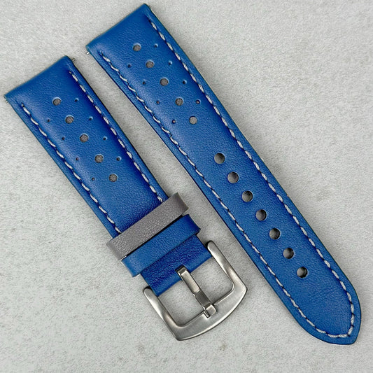 Le Mans blue and grey racing watch strap. Full grain blue leather. 316L stainless steel buckle. 18mm, 20mm, 22mm and 24mm.