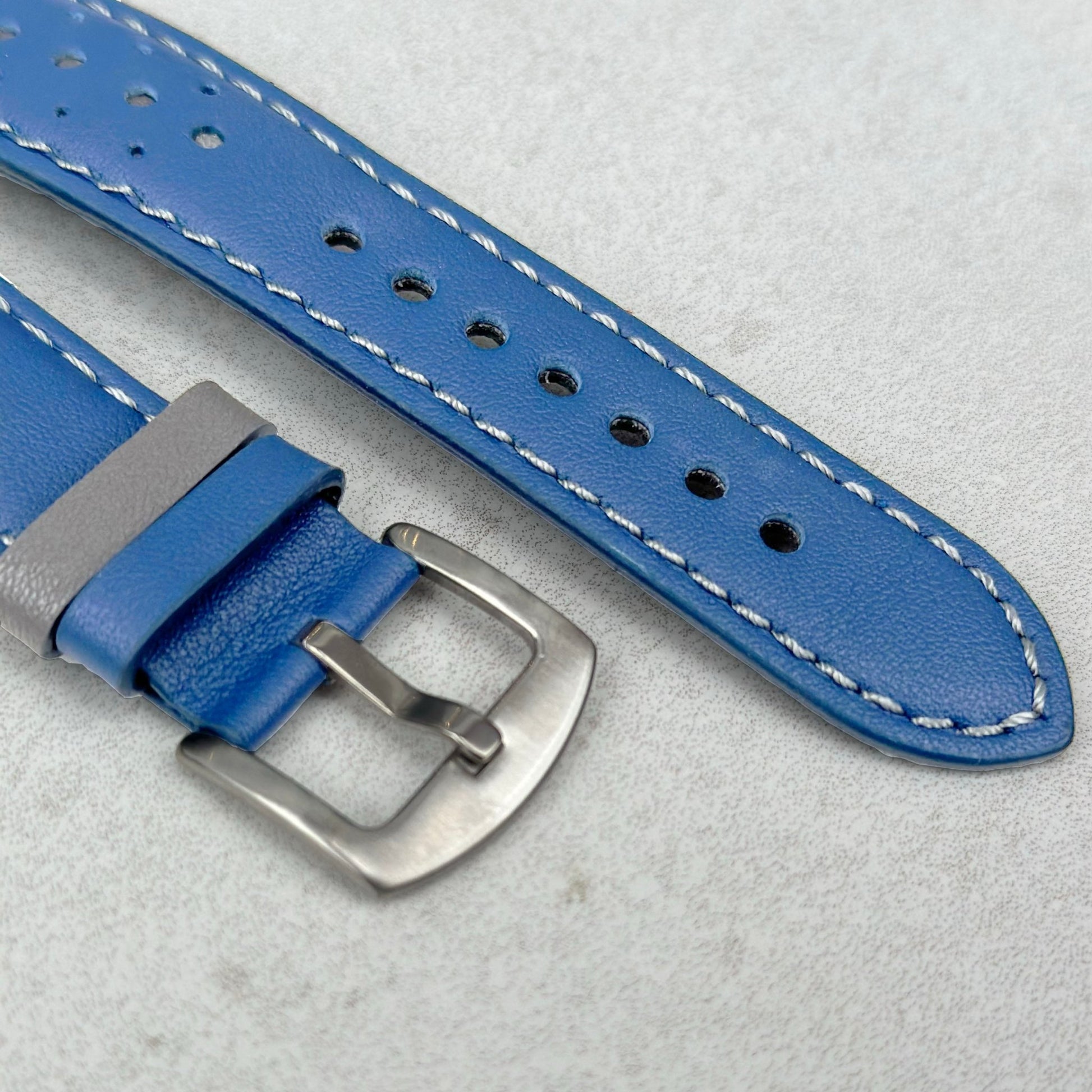 Brushed 316L stainless steel buckle on the Le Mans blue and grey racing watch strap.