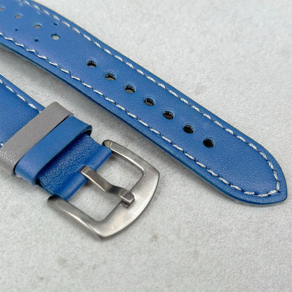 Brushed 316L stainless steel buckle on the Le Mans blue and grey full grain leather Apple watch strap.