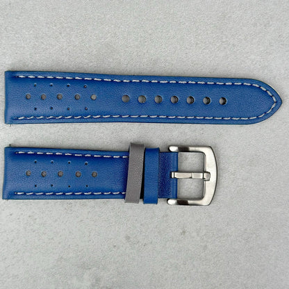 Le Mans blue and grey full grain leather watch strap. Available in 18mm, 20mm, 22mm and 24mm. Padded leather watch strap.