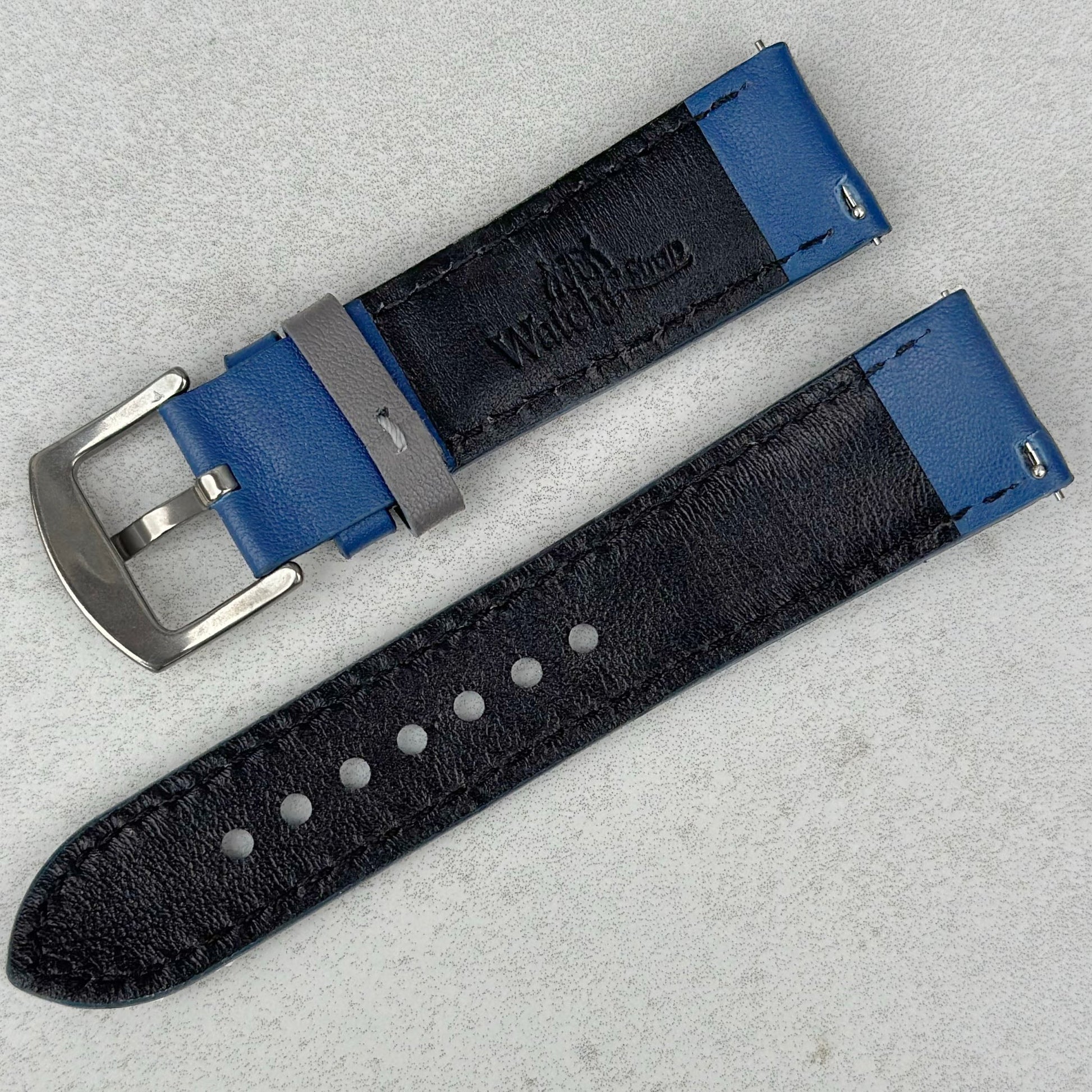 Rear of the Le Mans blue and grey full grain leather racing watch strap. Watch And Strap logo. Quick release pins.
