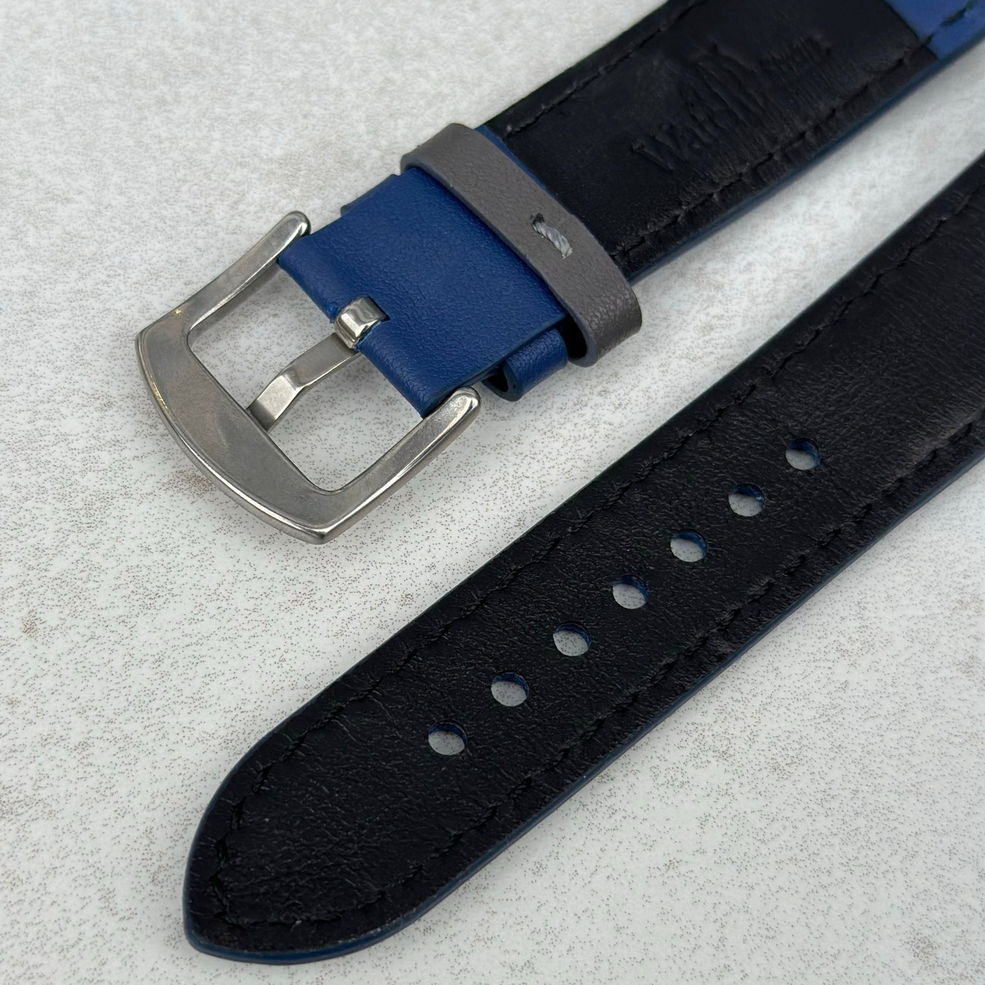 Underside buckle of the Le Mans blue and grey racing watch strap. 