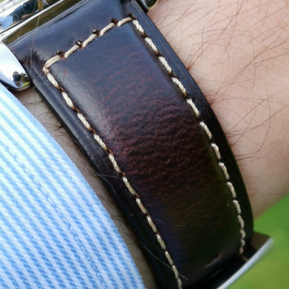 Wrist shot of the Berlin brown full grain leather apple watch strap. Apple Watch Series 3, 4, 5, 6, 7, 8, 9, SE, Ultra.