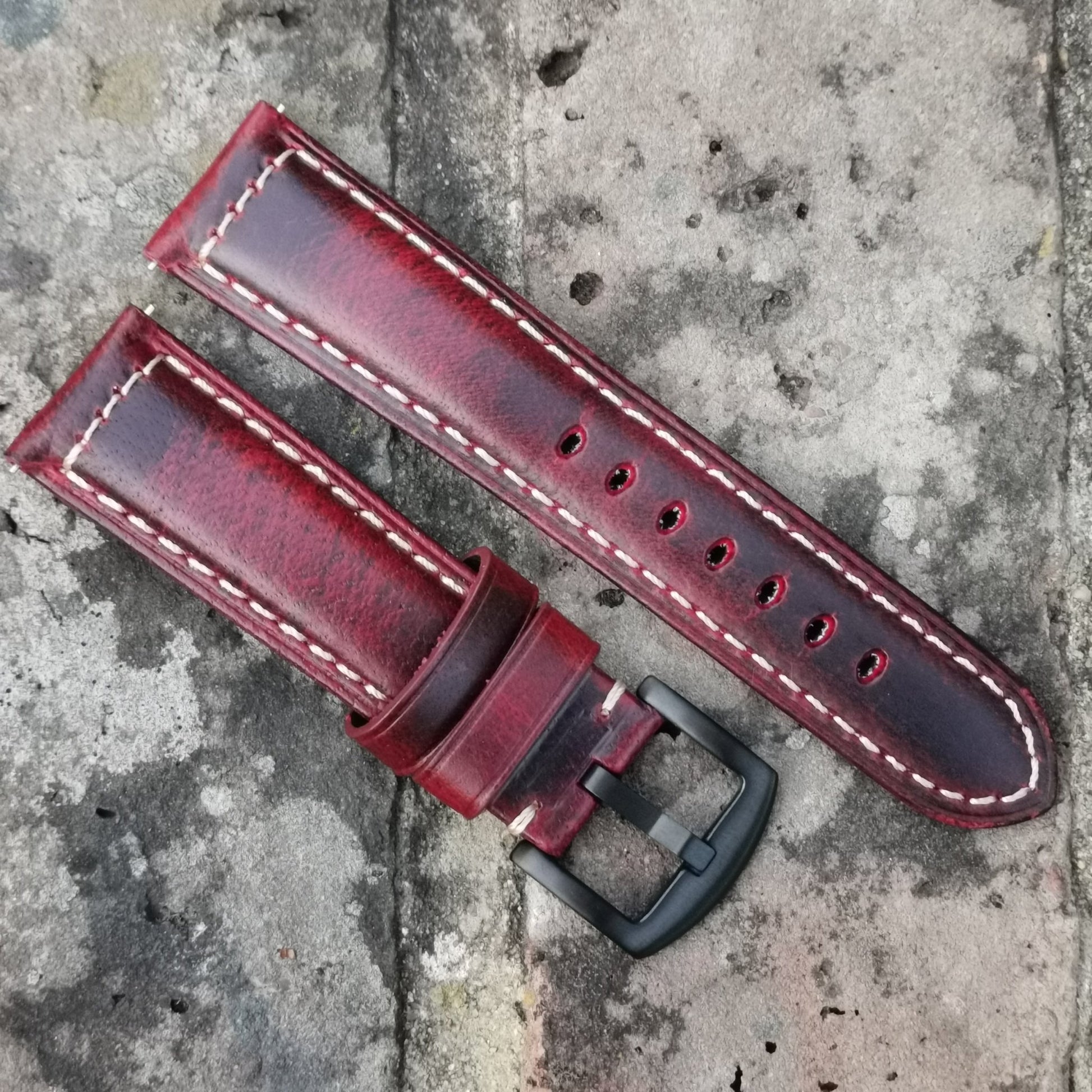 Berlin burgundy leather watch strap with a brushed black stainless steel buckle. Watch And Strap.